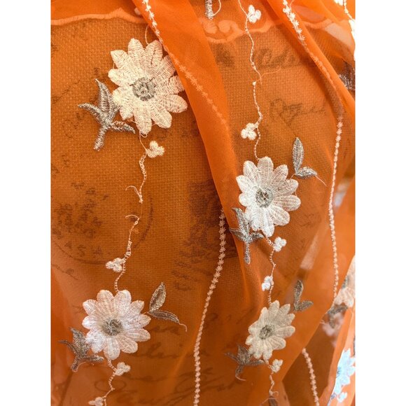 Orange Floral Embroidered Sheer Scarf Wrap Shawl - Picture 9 of 12